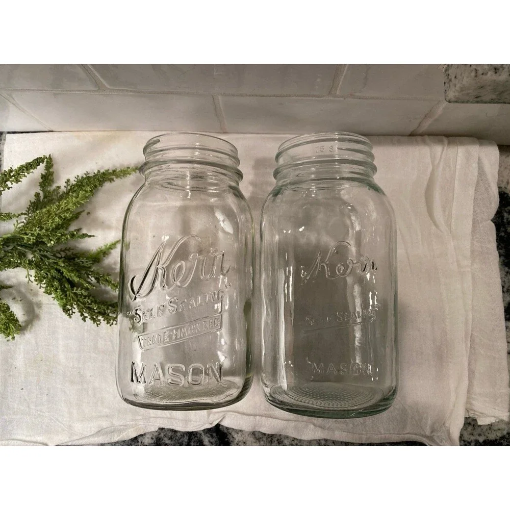 Kerr Glass Mason Jars‎ (2) Clear “Self Sealing” Vintage Look Decor or Storage